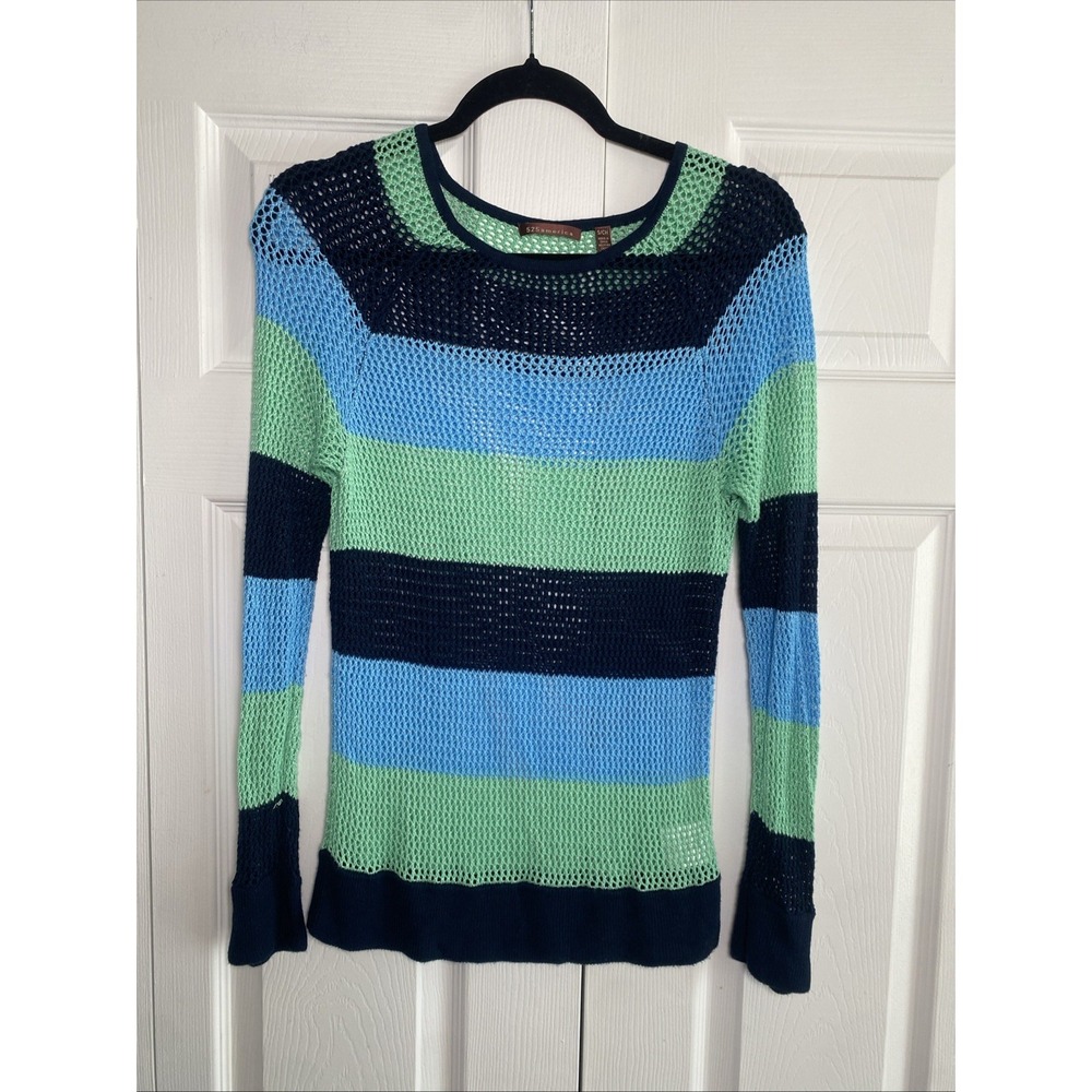 525 America Open Knit Striped Sweater Womens Size S Blue Green Crochet‎ Rayon